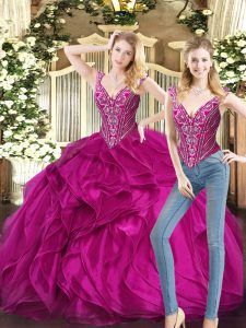 Enchanting Organza V-neck Sleeveless Lace Up Ruffles Quinceanera Gown in Fuchsia