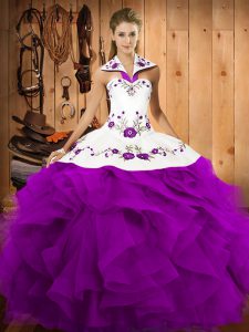 Floor Length Lace Up Quinceanera Gowns Purple for Military Ball and Sweet 16 and Quinceanera with Embroidery and Ruffles