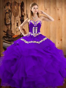 Purple Satin and Organza Lace Up Sweetheart Sleeveless Floor Length Ball Gown Prom Dress Embroidery and Ruffles