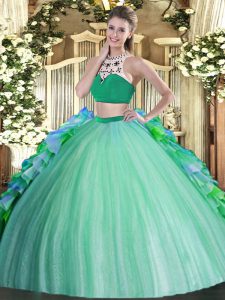 Superior High-neck Sleeveless Tulle Ball Gown Prom Dress Beading and Ruffles Backless