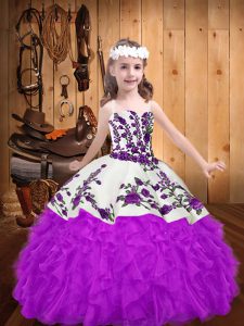 Excellent Purple Sleeveless Floor Length Beading and Embroidery and Ruffles Lace Up Pageant Dress Wholesale