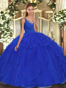 Enchanting Blue Ball Gowns V-neck Sleeveless Organza Floor Length Backless Ruffles Sweet 16 Dress