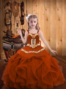 Rust Red Lace Up Straps Embroidery and Ruffles Pageant Dress for Teens Organza Sleeveless