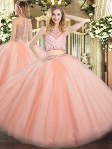 Beading 15th Birthday Dress Peach Zipper Sleeveless Floor Length