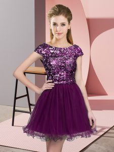 Purple A-line Tulle Scoop Cap Sleeves Sequins Mini Length Zipper Quinceanera Court of Honor Dress