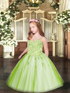 Customized Sleeveless Floor Length Appliques Lace Up Winning Pageant Gowns with Yellow Green