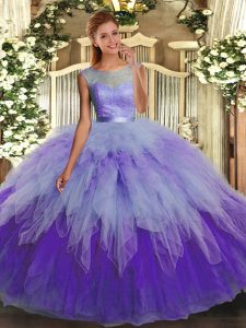 Multi-color Ball Gowns Lace and Ruffles 15th Birthday Dress Backless Organza Sleeveless Floor Length