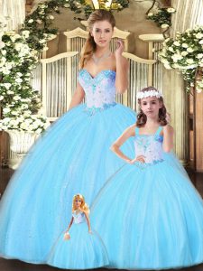 Aqua Blue Ball Gowns Beading Vestidos de Quinceanera Lace Up Tulle Sleeveless Floor Length