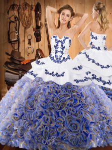 Nice Multi-color Ball Gowns Strapless Sleeveless Satin and Fabric With Rolling Flowers With Train Sweep Train Lace Up Embroidery Quinceanera Gowns