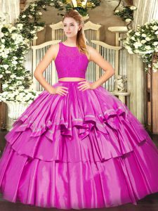 Delicate Tulle Scoop Sleeveless Zipper Ruffled Layers Sweet 16 Dress in Fuchsia