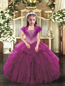 Custom Fit Sleeveless Floor Length Beading and Ruffles Lace Up Pageant Dress for Teens with Fuchsia