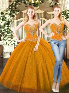 Orange Red Sleeveless Beading Floor Length Quinceanera Gowns