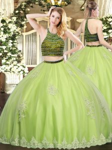 Fashionable Yellow Green Ball Gowns Beading and Appliques Quinceanera Dress Zipper Tulle Sleeveless Floor Length