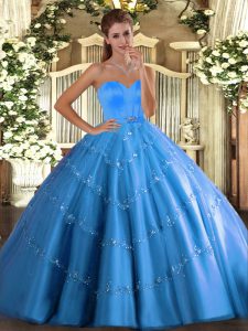 Baby Blue Tulle Lace Up Quinceanera Gown Sleeveless Floor Length Beading and Appliques