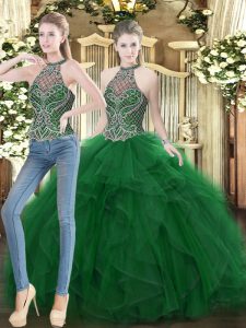 Stunning Dark Green Sleeveless Beading and Ruffles Floor Length Ball Gown Prom Dress