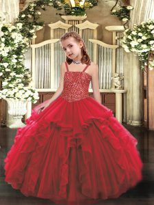 High Class Red Ball Gowns Straps Sleeveless Organza Floor Length Lace Up Beading and Ruffles Pageant Dress Wholesale