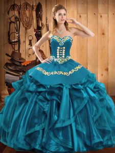 Noble Teal Sweetheart Lace Up Embroidery and Ruffles Ball Gown Prom Dress Sleeveless