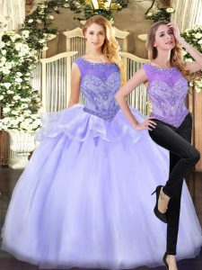 Lavender Ball Gowns Scoop Sleeveless Organza Floor Length Zipper Beading Sweet 16 Dress