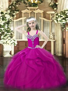 Fuchsia Organza Lace Up Straps Sleeveless Floor Length Pageant Dress Toddler Beading and Ruffles