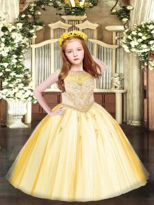 Modern Gold Ball Gowns Beading and Appliques Winning Pageant Gowns Zipper Tulle Sleeveless Floor Length