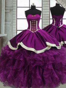 Purple Satin and Organza Lace Up Sweetheart Sleeveless Floor Length Quinceanera Dresses Beading and Ruffles