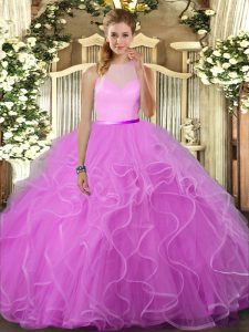 New Style Lilac Tulle Backless Sweet 16 Dress Sleeveless Floor Length Ruffles