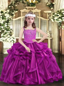 Low Price Floor Length Lace Up Custom Made Pageant Dress Fuchsia for Party and Sweet 16 and Quinceanera and Wedding Party with Beading and Ruffles