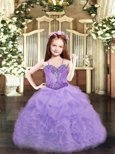 Eye-catching Lavender Organza Lace Up Pageant Gowns Sleeveless Floor Length Beading and Ruffles and Pick Ups