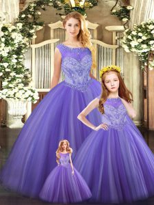 Pretty Lavender Sleeveless Floor Length Beading Lace Up Quinceanera Gowns