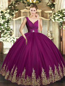 On Sale V-neck Sleeveless Quinceanera Gown Floor Length Beading and Appliques and Ruching Fuchsia Tulle