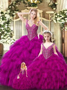 Attractive Sleeveless Tulle Floor Length Lace Up Quinceanera Dress in Red with Beading and Ruffles