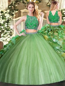 Fashionable Olive Green Zipper 15th Birthday Dress Beading and Ruffles Sleeveless Floor Length