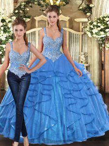 On Sale Aqua Blue Sleeveless Tulle Lace Up Quinceanera Dress for Military Ball and Sweet 16 and Quinceanera