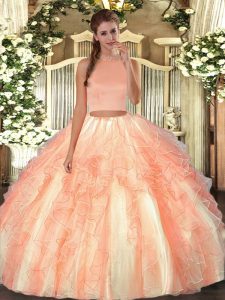 Pretty Orange Red Halter Top Backless Beading and Ruffles Sweet 16 Quinceanera Dress Sleeveless