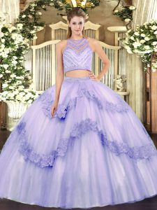 Eye-catching Lavender Quinceanera Dresses Military Ball and Sweet 16 and Quinceanera with Beading and Appliques Scoop Sleeveless Zipper