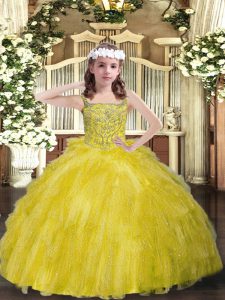 High Class Yellow Green Organza Lace Up Girls Pageant Dresses Sleeveless Floor Length Beading and Ruffles