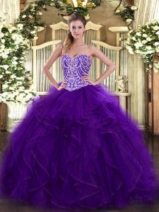 Floor Length Purple Quinceanera Dresses Organza Sleeveless Beading and Ruffles