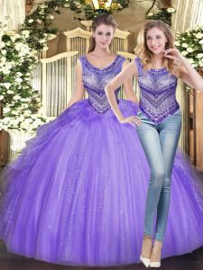 Fantastic Scoop Sleeveless Tulle 15th Birthday Dress Beading and Ruffles Lace Up