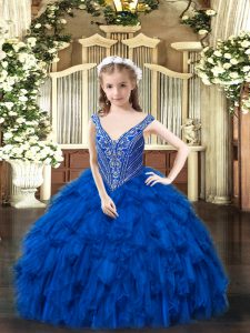 Lovely Royal Blue V-neck Neckline Beading and Ruffles Little Girls Pageant Gowns Sleeveless Lace Up