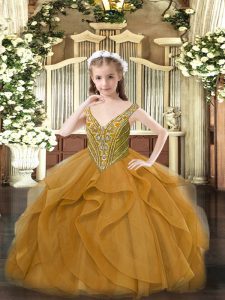 Brown Sleeveless Tulle Lace Up Girls Pageant Dresses for Party and Quinceanera