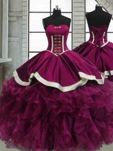 Floor Length Fuchsia Quinceanera Dress Organza Sleeveless Beading and Ruffles