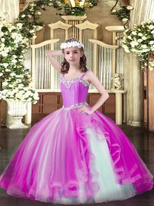 Straps Sleeveless Lace Up Pageant Dress for Womens Fuchsia Tulle