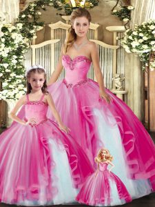 Stunning Hot Pink Ball Gowns Organza Sweetheart Sleeveless Beading and Ruffles Floor Length Lace Up Sweet 16 Quinceanera Dress