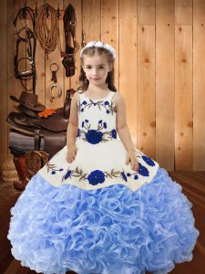 Lavender Ball Gowns Straps Sleeveless Fabric With Rolling Flowers Floor Length Lace Up Embroidery and Ruffles Child Pageant Dress