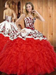 Wonderful Wine Red Ball Gowns Sweetheart Sleeveless Satin and Organza Floor Length Lace Up Embroidery and Ruffles Quinceanera Dresses