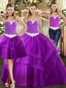 Best Selling Sleeveless Floor Length Appliques Lace Up Quinceanera Gown with Purple