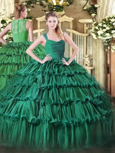 Straps Sleeveless Zipper Sweet 16 Dress Dark Green Organza