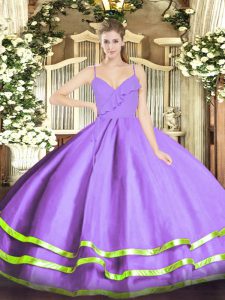 Fine Spaghetti Straps Sleeveless Zipper Sweet 16 Dresses Lavender Organza