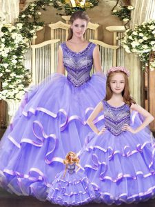 Popular Scoop Sleeveless Tulle Sweet 16 Quinceanera Dress Beading and Ruffled Layers Lace Up