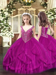 Admirable V-neck Sleeveless Lace Up Pageant Dress Wholesale Fuchsia Tulle